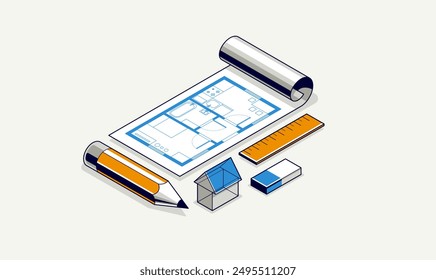 Concepto de proyecto de casa, Ilustración vectorial isométrica 3D de una casa Pequeña y proyecto de construcción de planos, modelo arquitectónico de construcción, casa Pequeña familiar residencial.