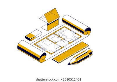 House project concept, 3D isometric vector illustration of a small house and blueprint building project, construction architectural model, residential family small house.