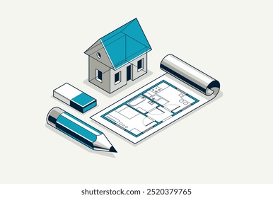 Conceito de projeto da casa, ilustração vetorial isométrica 3D de uma pequena casa e projeto de construção de planta, modelo arquitetônico da construção, casa pequena da família residencial.