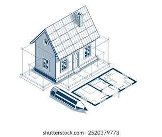 Concepto de proyecto de casa, Ilustración vectorial isométrica 3D de una casa Pequeña y proyecto de construcción de planos, modelo arquitectónico de construcción, casa Pequeña familiar residencial.