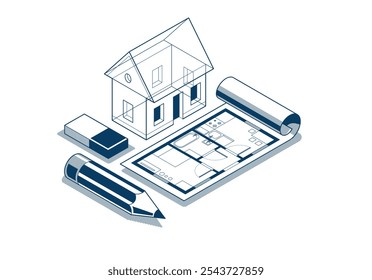 Conceito de projeto da casa, ilustração vetorial isométrica 3D de uma pequena casa e projeto de construção de planta, modelo arquitetônico da construção, casa pequena da família residencial.