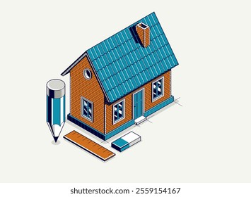 House project concept, 3D isometric vector illustration of a small house building project, construction architectural model, residential family small house.