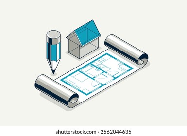 House project concept, 3D isometric vector illustration of a small house and blueprint building project, construction architectural model, residential family small house.