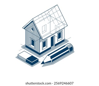 House project concept, 3D isometric vector illustration of a small house building project, construction architectural model, residential family small house.