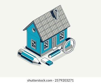 House project concept, 3D isometric vector illustration of a small house building project, construction architectural model, residential family small house.
