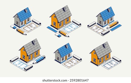 House project concept, 3D isometric vector illustration of a small house and blueprint building project, construction architectural model, residential family small house.