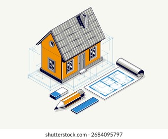 Concepto de proyecto de casa, Ilustración vectorial isométrica 3D de una casa Pequeña y proyecto de construcción de planos, modelo arquitectónico de construcción, casa Pequeña familiar residencial.