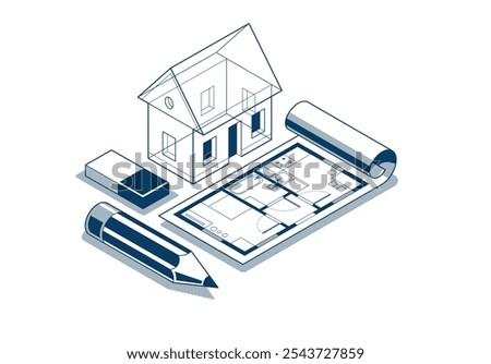 House project concept, 3D isometric vector illustration of a small house and blueprint building project, construction architectural model, residential family small house.