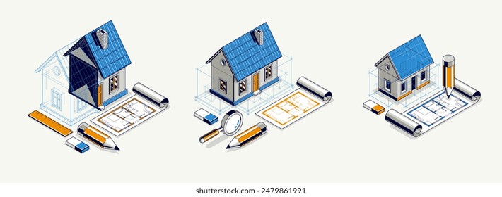 House project concept set, 3D isometric vector illustration of a small house and blueprint building project, construction architectural model, residential family small house.