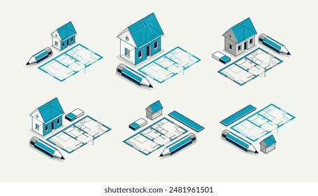 House project concept set, 3D isometric vector illustration of a small house and blueprint building project, construction architectural model, residential family small house.