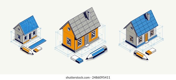 House project concept set, 3D isometric vector illustration of a small house building project, construction architectural model, residential family small house.