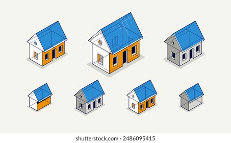 Conjunto de conceptos de proyecto de casa, Ilustración vectorial isométrica 3D de un proyecto de construcción de casa Pequeña, modelo arquitectónico de construcción, casa Pequeña familiar residencial.