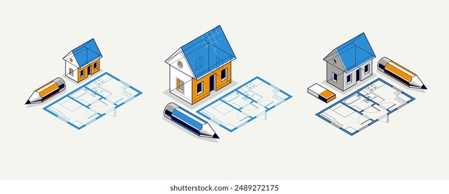 House project concept set, 3D isometric vector illustration of a small house and blueprint building project, construction architectural model, residential family small house.