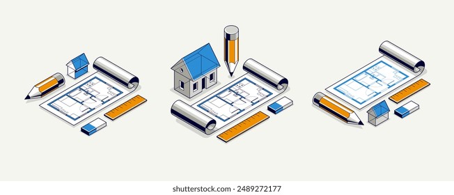 House project concept set, 3D isometric vector illustration of a small house and blueprint building project, construction architectural model, residential family small house.