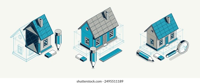 House project concept set, 3D isometric vector illustration of a small house building project, construction architectural model, residential family small house.