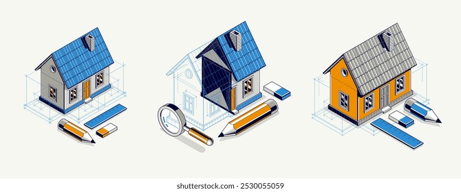 House project concept set, 3D isometric vector illustration of a small house building project, construction architectural model, residential family small house.