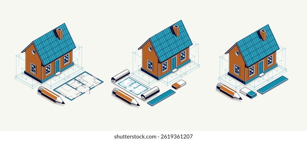 House project concept set, 3D isometric vector illustration of a small house and blueprint building project, construction architectural model, residential family small house.