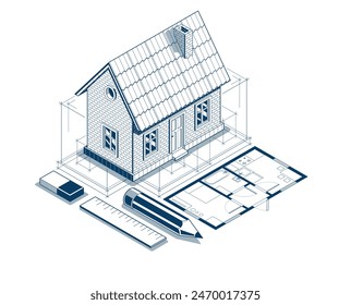 House project implementation embodiment concept, 3D isometric vector illustration of a small house building project, construction architectural model, idea in progress.