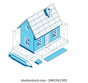 House project implementation embodiment concept, 3D isometric vector illustration of a small house building project, construction architectural model, idea in progress.