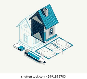 House project implementation embodiment concept, 3D isometric vector illustration of a small house building project, construction architectural model, idea in progress.