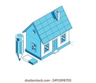 House project implementation embodiment concept, 3D isometric vector illustration of a small house building project, construction architectural model, idea in progress.