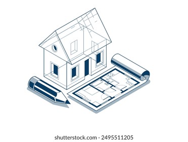 House project implementation embodiment concept, 3D isometric vector illustration of a small house building project, construction architectural model, idea in progress.