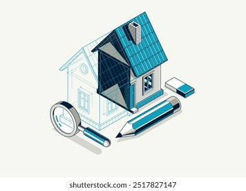 Conceito de incorporação de implementação de projeto da casa, ilustração vetorial isométrica 3D de um projeto de construção de casa pequena, modelo arquitetônico de construção, ideia em andamento.