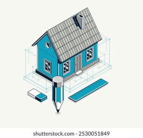 Conceito de incorporação de implementação de projeto da casa, ilustração vetorial isométrica 3D de um projeto de construção de casa pequena, modelo arquitetônico de construção, ideia em andamento.