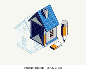 Conceito de incorporação de implementação de projeto da casa, ilustração vetorial isométrica 3D de um projeto de construção de casa pequena, modelo arquitetônico de construção, ideia em andamento.