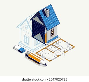 Conceito de incorporação de implementação de projeto da casa, ilustração vetorial isométrica 3D de um projeto de construção de casa pequena, modelo arquitetônico de construção, ideia em andamento.