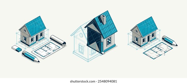 Conjunto de conceito de incorporação de implementação de projeto de casa, ilustração vetorial isométrica 3D de um projeto de construção de casa pequena, modelo arquitetônico de construção, ideia em andamento.