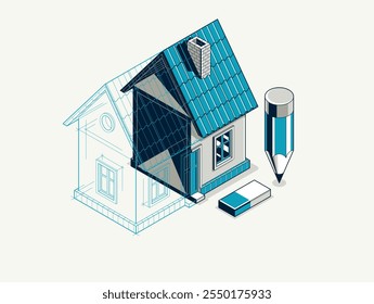 Conceito de incorporação de implementação de projeto da casa, ilustração vetorial isométrica 3D de um projeto de construção de casa pequena, modelo arquitetônico de construção, ideia em andamento.