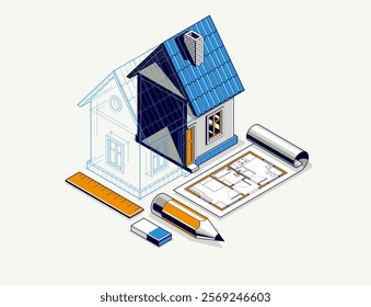 House project implementation embodiment concept, 3D isometric vector illustration of a small house building project, construction architectural model, idea in progress.