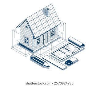 House project implementation embodiment concept, 3D isometric vector illustration of a small house building project, construction architectural model, idea in progress.