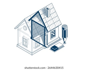 Conceito de incorporação de implementação de projeto da casa, ilustração vetorial isométrica 3D de um projeto de construção de casa pequena, modelo arquitetônico de construção, ideia em andamento.