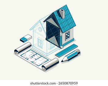 Conceito de incorporação de implementação de projeto da casa, ilustração vetorial isométrica 3D de um projeto de construção de casa pequena, modelo arquitetônico de construção, ideia em andamento.