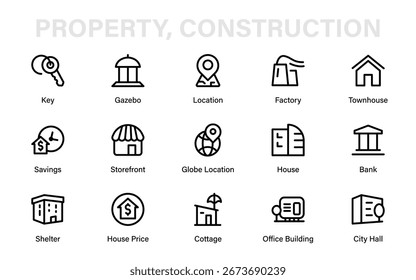 House Property Construction Professional Line Icon Set, Modern Minimal Outline Vector Pack Featuring Unique Building, Real Estate, and Architecture Symbols