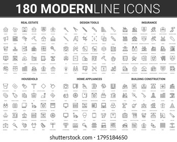 House property design vector illustration. Flat thin line household modern icon set of real estate and insurance symbols, designer repair tools, home appliance for housework, construction industry