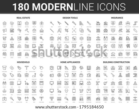 House property design vector illustration. Flat thin line household modern icon set of real estate and insurance symbols, designer repair tools, home appliance for housework, construction industry