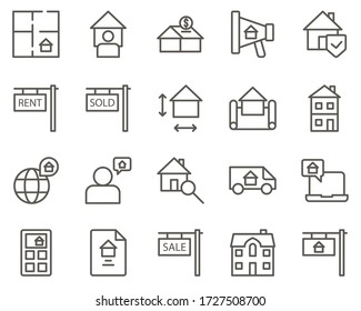 house, property, home set vector icons. Real estate icon set. Simple Set of Real Estate Related Vector Line Icons. Contains such Icons as Map, Plan, Bedrooms