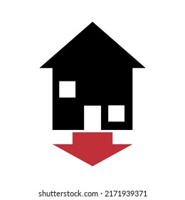 House and property icon with arrow down. illustration symbol for drop in housing market and prices. vector icon