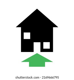 house and property icon vector. Property silhouette with green arrow pointing up. Price increase or household bills concept