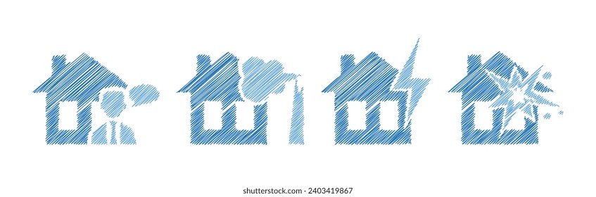 House and Property Insurance Blue Flat Icon Pen Drawn Vector Set