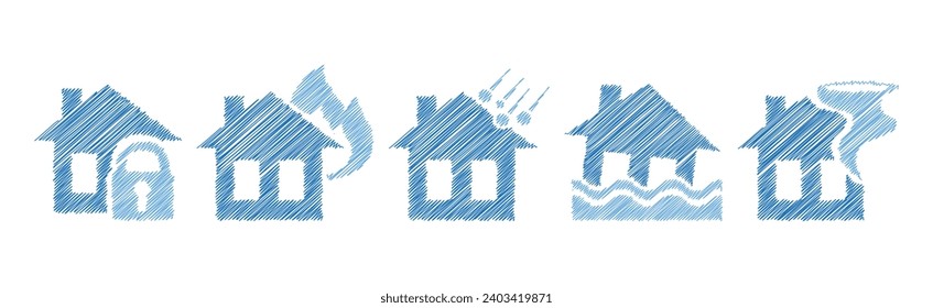 House and Property Insurance Blue Flat Icon Pen Drawn Vector Set