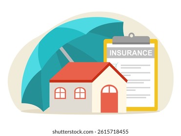 House property insurance, house and insurance document under umbrella vector illustration.