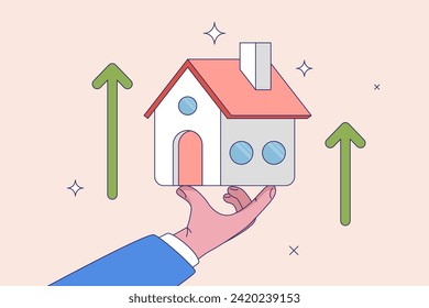 Concepto de inversión inmobiliaria e inmobiliaria. Decisión de compra o alquiler de casa. Crecimiento de precios inmobiliarios o gráfico de cálculo de hipotecas, experiencia en propiedad de empresario inteligente que presenta gráfico de precios de viviendas.