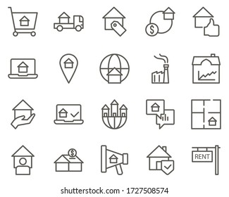 house, property, rent set vector icons. Real estate icon set. Simple Set of Real Estate Related Vector Line Icons. Contains such Icons as Map, Plan, Bedrooms