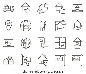 house, property, sold set vector icons. Real estate icon set. Simple Set of Real Estate Related Vector Line Icons. Contains such Icons as Map, Plan, Bedrooms