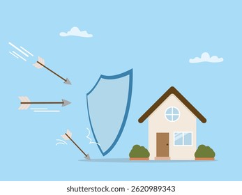 Casa protegida por escudo de flecha concepto de seguro de hogar, gestión de riesgos, residente para la jubilación, seguridad financiera de bienes raíces, ahorro de dinero de la Ilustración vectorial de pago de emergencia de desastres.