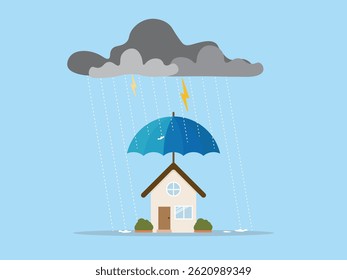 Maison protégé par parapluie de la pluie concept maison assurance, gestion des risques, résidentiel, sécurité financière de l'immobilier, économiser de l'argent de l'illustration vectorielle d'urgence en cas de catastrophe.